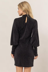 HYFVE Glitter Mock Neck Long Sleeve Mini Dress OutfitFlow